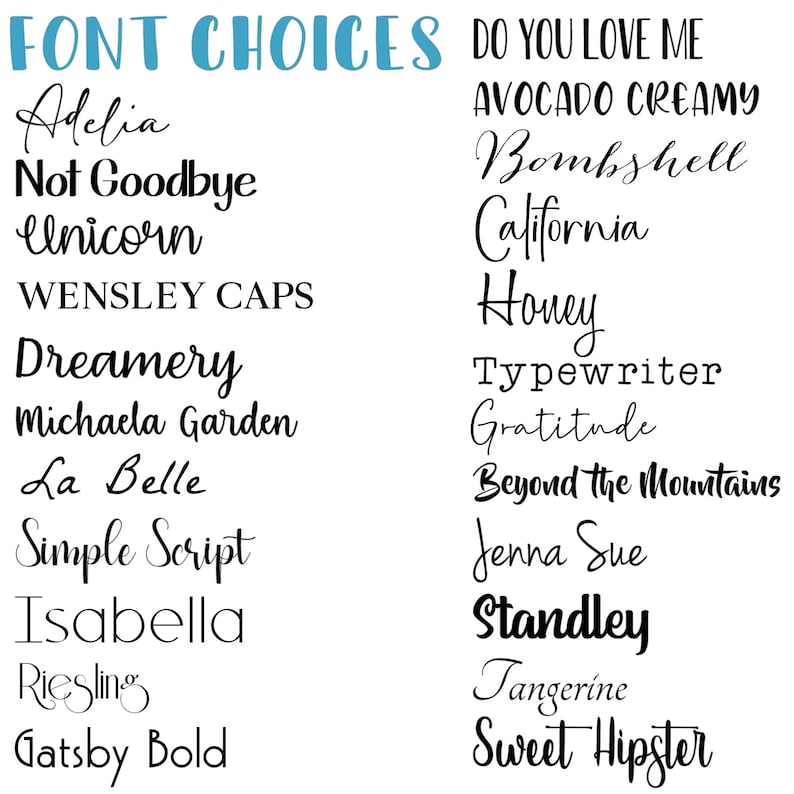 K&ouml;nnte beinhalten: Eine Liste von Schriftarten f&uuml;r ein Designprojekt. Die Schriftarten werden in schwarzer Schrift auf wei&szlig;em Hintergrund angezeigt. Die Schriftarten umfassen Adelia, Not Goodbye, Unicorn, Wensley Caps, Dreamery, Michaela Garden, La Belle, Simple Script, Isabella, Riesling, Gatsby Bold, Do You Love Me, Avocado Creamy, Bombshell, California, Honey, Typewriter, Gratitude, Beyond the Mountains, Jenna Sue, Standley, Tangerine und Sweet Hipster.