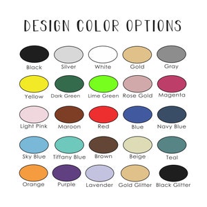 May include: A chart of 20 different color options for design projects. The colors are arranged in four rows of five colors each. The colors include black, silver, white, gold, gray, yellow, dark green, lime green, rose gold, magenta, light pink, maroon, red, blue, navy blue, sky blue, tiffany blue, brown, beige, teal, orange, purple, lavender, gold glitter, and black glitter.