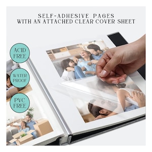 May include: A black photo album with self-adhesive pages and a clear cover sheet. The album is acid-free, water-proof, and PVC-free. The album is open to reveal photos of a family.