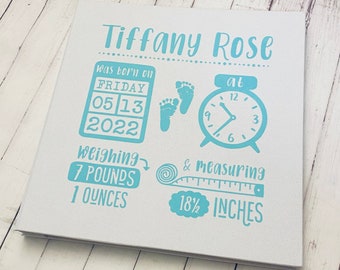 Baby Photo Album Birth Stats Custom Personalized Linen Self Adhesive Scrapbook - Choice of Colors and Sizes