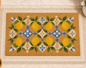 Tapete de entrada com estampa de limão e azulejos florais azuis, tapete cítrico para decoração de varanda, presente de boas-vindas em estilo mediterrâneo, tapete de entrada com estampa de limão