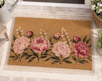 Rosa pion dörrmatta, vintage blommig välkomstmatta, verandadekor, vårig entrédekor