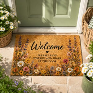 May include: A rectangular doormat with a floral border and the word "Welcome" in black script. The mat also includes the text "PLEASE LEAVE WORRIES AND SHOES AT THE DOOR". The mat is tan with colorful flowers.