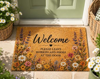 Wildflower Welcome Doormat, Leave Worries and Shoes at the Door Mat, Floral Cottagecore Entry Rug, Spring Summer Porch Decor