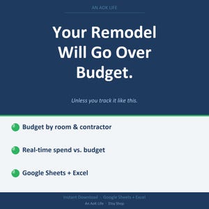 May include: A digital graphic with a dark blue background and white text that reads "Your Remodel Will Go Over Budget." Below, it says "Unless you track it like this." The image lists features like budget tracking and Google Sheets integration.