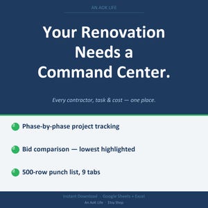 Puede incluir: Anuncio digital con fondo azul marino y texto blanco: "Your Renovation Needs a Command Center." Incluye seguimiento de proyectos, comparación de ofertas y lista de verificación de 500 filas.