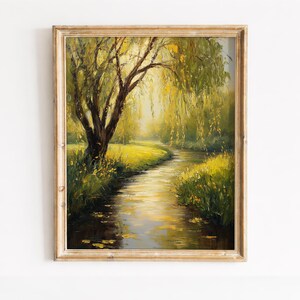 Willow Tree Stream Malerei druckbare Wandkunst, Vintage Monet inspiriert, Cottagecore Natur digitaler Download Dekor