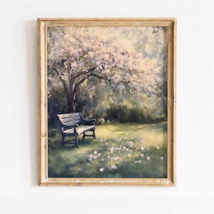 Cuadro al óleo de banco de jardín con flores de cerezo, arte mural imprimible, decoración primaveral estilo cottagecore, descarga digital.