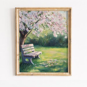 Cherry Blossom Garden Bench Oil Painting, Printable Wall Art, Cottagecore Spring Digital Download Decor