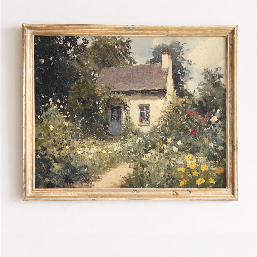 Cottage Garden Oil Painting Print, Vintage Floral Wall Art, Textured ...