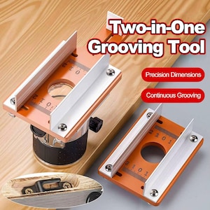 Puede incluir: Una herramienta de ranurado dos en uno naranja y plateada con el texto "Two-in-One Grooving Tool". La herramienta tiene una abertura circular y marcas de medición. También se ve el texto "Precision Dimensions" y "Continuous Grooving".
