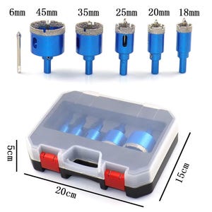 May include: A set of blue diamond-tipped hole saws in various sizes, including 6mm, 18mm, 20mm, 25mm, 35mm, and 45mm. The tools are displayed with a clear plastic storage case, which measures 20cm long, 15cm wide, and 5cm high.