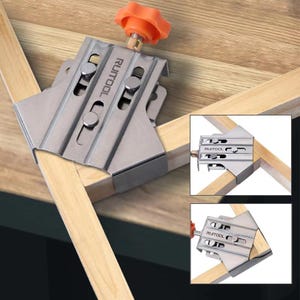 May include: A silver corner clamp with an orange knob, securing two wooden pieces at a 90-degree angle. The clamp is marked with the text "RUITOOL". Additional inset images show the clamp in use.