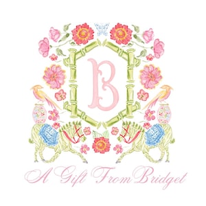 May include: Watercolor illustration featuring a pink letter "B" inside a bamboo frame, surrounded by pink and yellow flowers, birds, and zebras. The text "A Gift From Bridget" is at the bottom.
