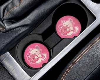 Conjunto de 2 peças de porta-copos para carro com gatinho rosa fofo e estampa kawaii de lã