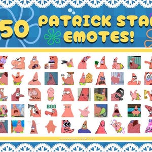 Peut inclure: Une impression d'art numérique présentant 50 émoticônes de Patrick Étoile. L'image affiche un fond bleu avec une bordure jaune et le texte "50 PATRICK STAR EMOTES!" en haut.