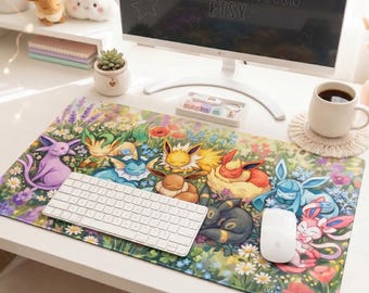 Floral Sleeping Eeveelutions Inspired Desk Mat - Large (24" x 14") Full Print Gaming Mouse Pad Large Table Rug Playmat Non-Slip Base