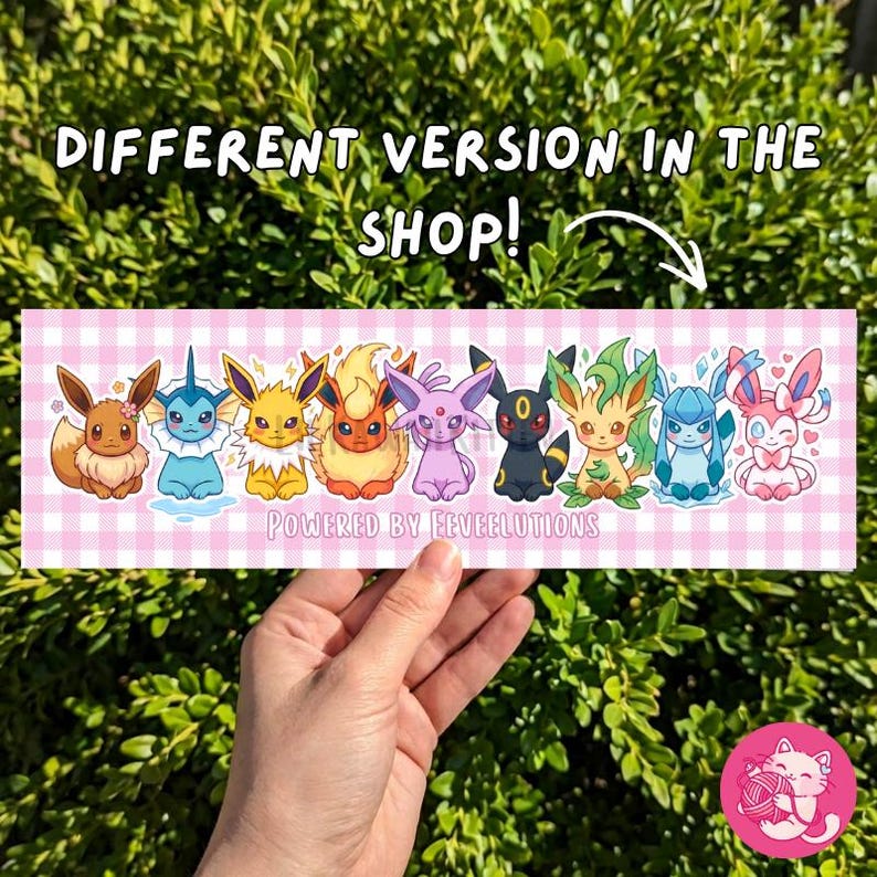 May include: A pink and white checkered banner featuring nine cartoon characters. The banner reads "DIFFERENT VERSION IN THE SHOP!" and "POWERED BY EVEEELUTIONS". The characters are various colors and designs.