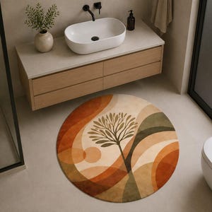 May include: A circular rug with an abstract design featuring a tree and layered shapes in shades of orange, brown, and green. The rug is placed in a bathroom setting, complementing the neutral tones of the space.
