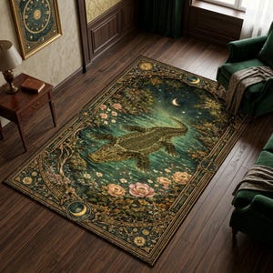 May include: A rectangular area rug featuring a detailed illustration of an alligator in a moonlit swamp. The rug has a dark green and gold border with floral and celestial motifs. The alligator is green and brown, surrounded by flowers.