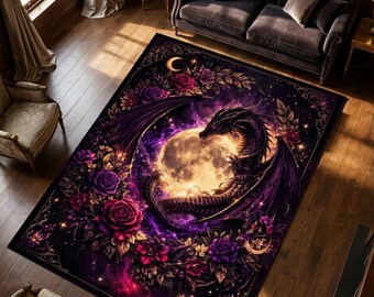 Gothic dragon rug, moonlit fantasy design, purple floral, dark academia mystical home decor carpet