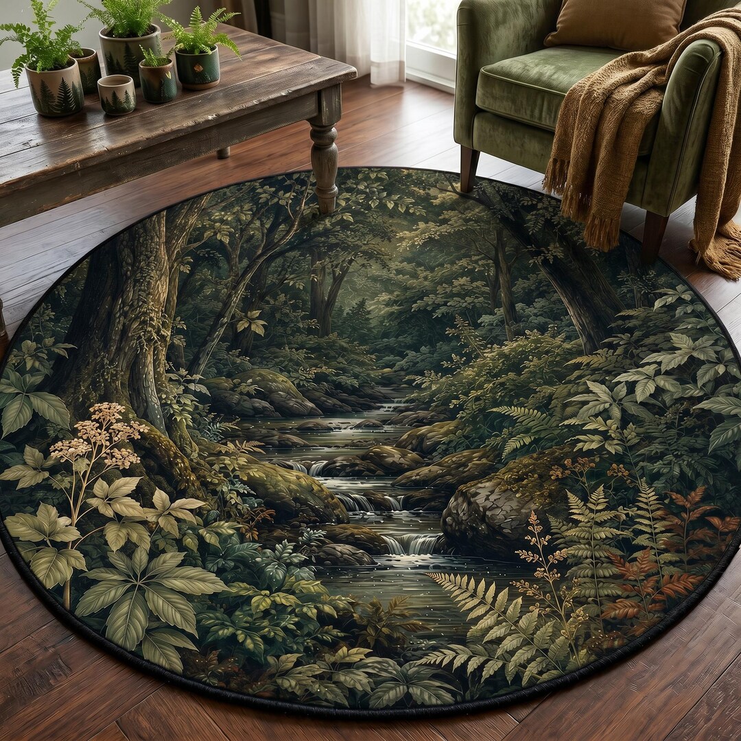 Woodland Forest Rug, Cottagecore Nature Decor, Round Botanical Living ...