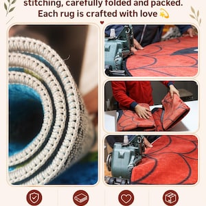May include: A rug featuring a red surface with a black web pattern, showing durable overlock stitching on the edges. The text reads: Reinforced with durable overlock stitching, carefully folded and packed. Each rug is crafted with love.