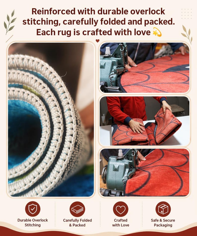 May include: A rug featuring a red surface with a black web pattern, showing durable overlock stitching on the edges. The text reads: Reinforced with durable overlock stitching, carefully folded and packed. Each rug is crafted with love.