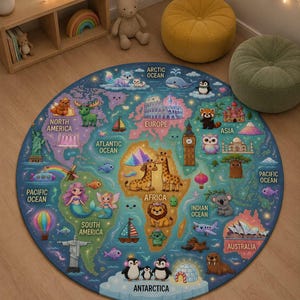 May include: A circular area rug featuring a colorful world map illustration. The design includes cartoon animals, landmarks, and ocean labels like Atlantic Ocean and Pacific Ocean. Continents are depicted in various colors with whimsical icons.