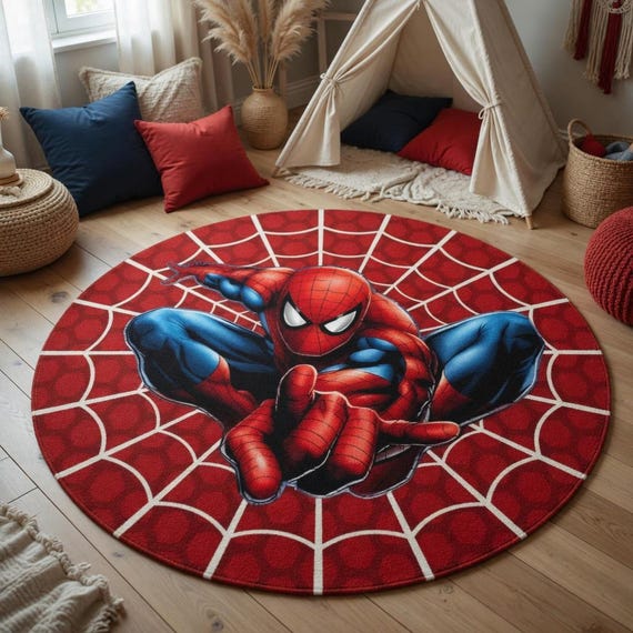 Spider Man Round Rug, Marvel Superhero Web Design, Kids Playroom Carpet, Boys Bedroom Decor, Non-Slip Washable