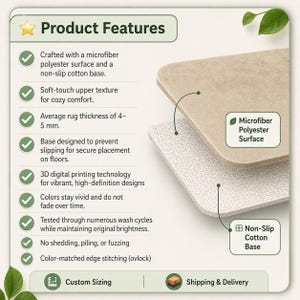 May include: A product feature graphic for a rug showing a beige microfiber polyester surface and a white non-slip cotton base. The text lists features including a 4-5 mm thickness, 3D digital printing, color-matched edge stitching, and wash durability.