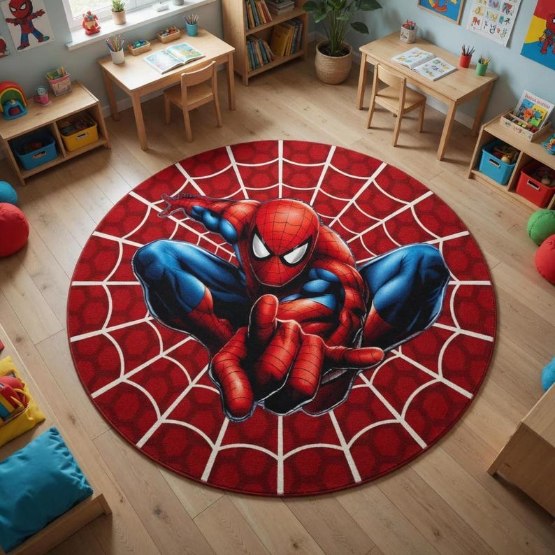 K&ouml;nnte beinhalten: Runder roter Teppich mit Spider-Man-Motiv. Der Teppich zeigt ein wei&szlig;es Spinnennetz-Muster und eine detaillierte Illustration von Spider-Man in seinem rot-blauen Kost&uuml;m. Geeignet f&uuml;r ein Kinderzimmer.