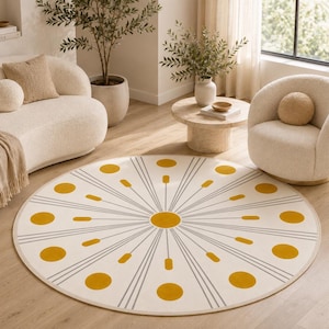May include: A circular area rug featuring a white background with a central yellow circle, surrounded by radiating gray lines and alternating yellow circles and yellow elongated rectangular shapes arranged in a symmetrical sunburst pattern.