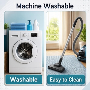 May include: A white front-loading washing machine with blue towels and cleaning bottles on top, labeled Machine Washable and Washable. Next to it, a vacuum cleaner on a blue textured rug, labeled Easy to Clean, showing maintenance steps.