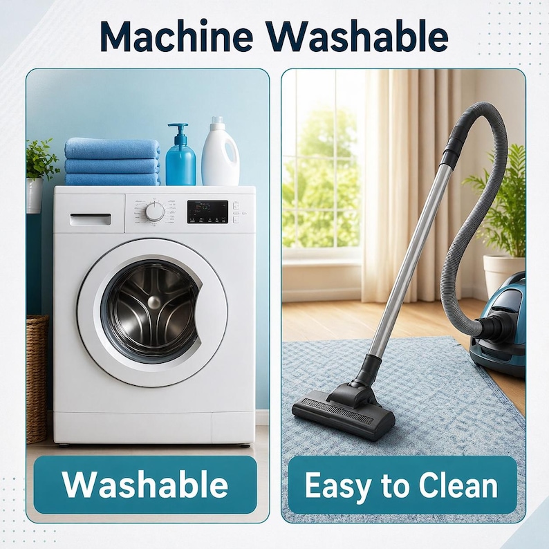 May include: A white front-loading washing machine with blue towels and cleaning bottles on top, labeled Machine Washable and Washable. Next to it, a vacuum cleaner on a blue textured rug, labeled Easy to Clean, showing maintenance steps.