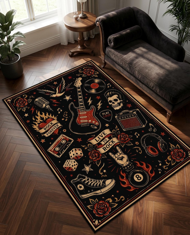 May include: A rectangular area rug with a black background featuring a rock and roll theme. The design includes a guitar, skull, cassette tape, dice, headphones, an amplifier, a sneaker, roses, and a hand gesture with the text "LIVE TO ROCK".