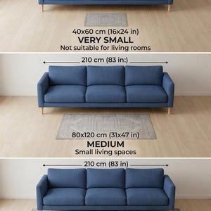 May include: Three blue sofas with light wood legs shown with rugs of varying sizes. The rugs are labeled 40x60 cm (16x24 in), 80x120 cm (31x47 in), and 160x240 cm (63x94 in / 5.2x7.9 ft). Text indicates sizes as VERY SMALL, MEDIUM, and LARGE.