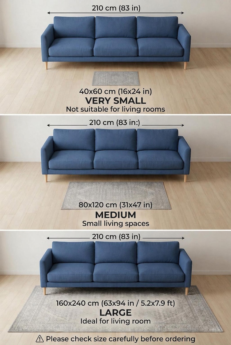 May include: Three blue sofas with light wood legs shown with rugs of varying sizes. The rugs are labeled 40x60 cm (16x24 in), 80x120 cm (31x47 in), and 160x240 cm (63x94 in / 5.2x7.9 ft). Text indicates sizes as VERY SMALL, MEDIUM, and LARGE.