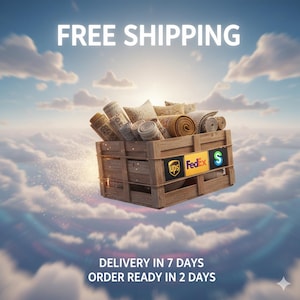 May include: A wooden crate filled with various rolled rugs and patterned pillows floating in a cloudy sky. The crate features logos for UPS, FedEx, and a green S icon. Text reads FREE SHIPPING, DELIVERY IN 7 DAYS, and ORDER READY IN 2 DAYS.