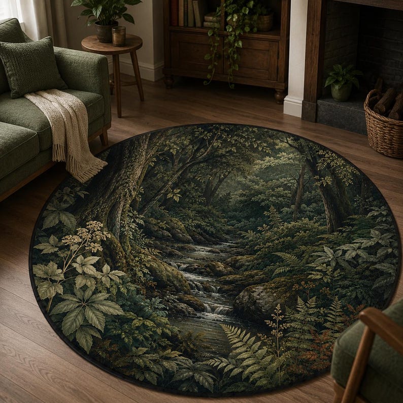 Woodland Forest Rug, Cottagecore Nature Decor, Round Botanical Living ...