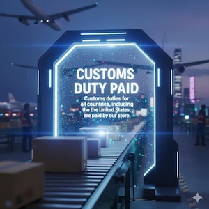 May include: A digital display archway over a conveyor belt with cardboard boxes, featuring the white text: CUSTOMS DUTY PAID. Customs duties for all countries, including the United States, are paid by our store. The scene includes airplanes.