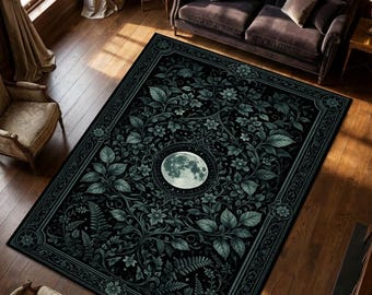 Full moon rug, gothic botanical design, black green tones, witchy mystical home decor carpet