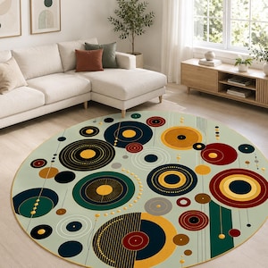 Mid Century Modern Round Rug, Retro Geometric Circle Carpet, Art Deco Living Room Decor