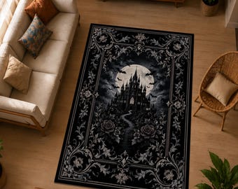 Gothic Vampire Castle Rug, Dark Academia Room Decor, Whimsigoth Haunted Mansion Carpet, Vintage Gothic Floral Area Mat,