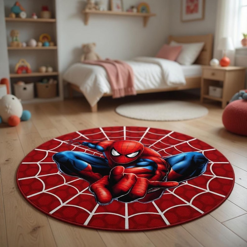 K&ouml;nnte beinhalten: Ein runder, roter Teppich mit Spider-Man in einer dynamischen Pose, umgeben von einem wei&szlig;en Spinnennetz-Design. Der Superheld ist in seinem klassischen rot-blauen Anzug dargestellt, mit ausgestreckter Hand. Dieser Teppich ist f&uuml;r ein Kinderzimmer geeignet.