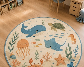 Ozean-Kinderzimmerteppich, pastellfarbene Meerestierdeko, runder Spielzimmerteppich für Kinderzimmer,
