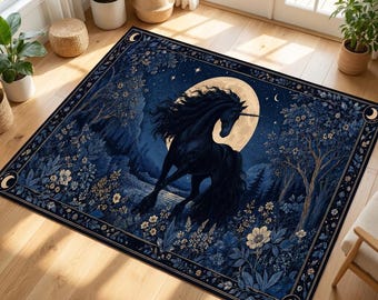 Unicorn fantasy rug, mystical moon decor, magical night landscape, gothic living room area rug