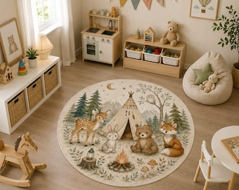 Woodland Kinderzimmer Teppich, Boho Walddekor, runder Camping unter dem Motto Kinderzimmer Spielzimmer Teppich