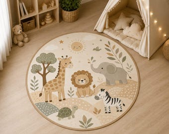 "Teppich ""Safari"" für Kindergarten, Boho-Dschungel, neutrales Montessori-Kinderzimmer, runder Teppich."