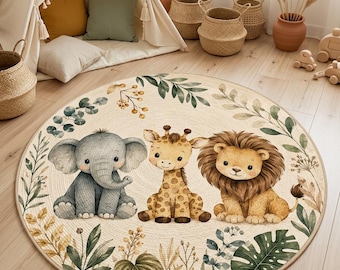 Safari Dschungel Teppich, neutrales Kinderzimmer Dekor, runder Montessori Kinder Spielzimmer Teppich Design Kleinkinder